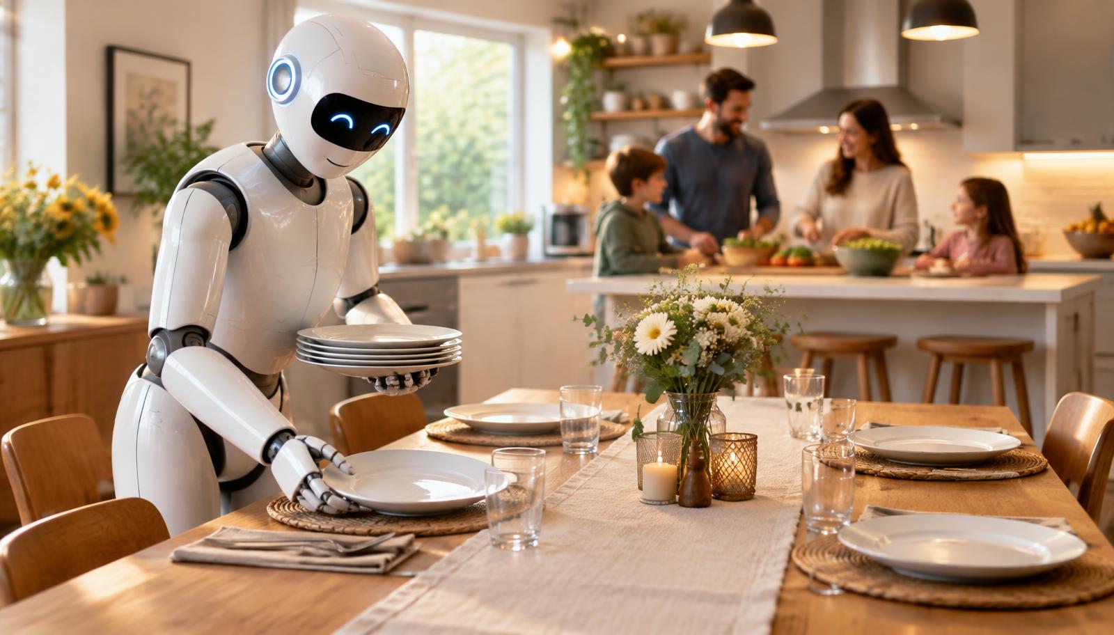 Humanoid robot setting the dinner table while a family cooks in the kitchen