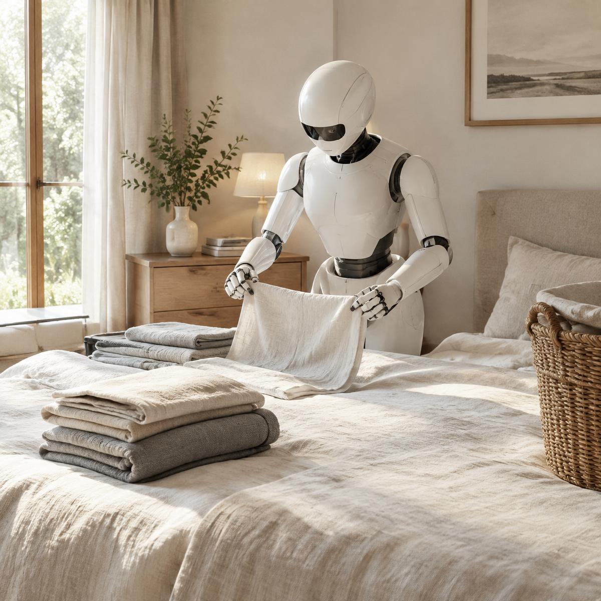 Humanoid robot folding linen in a sunlit bedroom